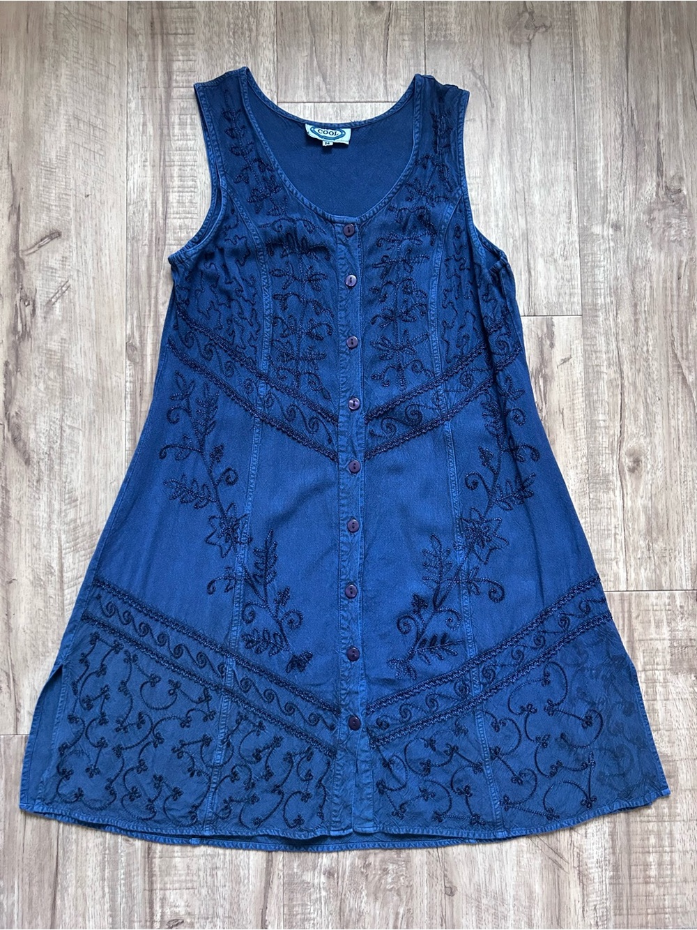 Vintage Navy Embroidered Button-Front Dress tie back boho prairie cottagecore